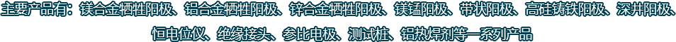 主要產(chǎn)品有：鎂合金犧牲陽(yáng)極、鋁合金犧牲陽(yáng)極、鋅合金犧牲陽(yáng)極、鎂錳陽(yáng)極、帶狀陽(yáng)極、高硅鑄鐵陽(yáng)極、深井陽(yáng)極、恒電位儀、絕緣接頭、參比電極、測(cè)試樁、鋁熱焊劑等一系列產(chǎn)品